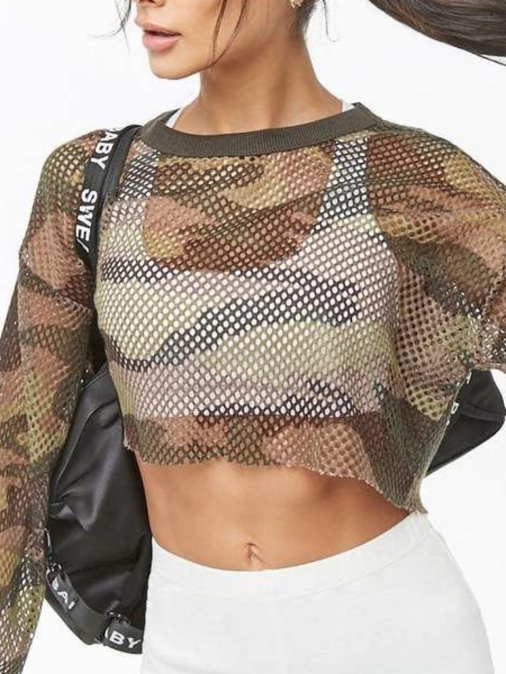 Forever 21 Camo Mesh Cropped Long-Sleeve Top Medium
